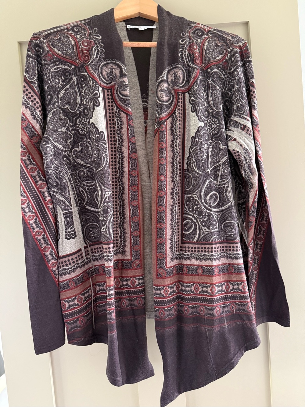 cleo Open-Front Paisley Sweater in Dark Brown and Rust